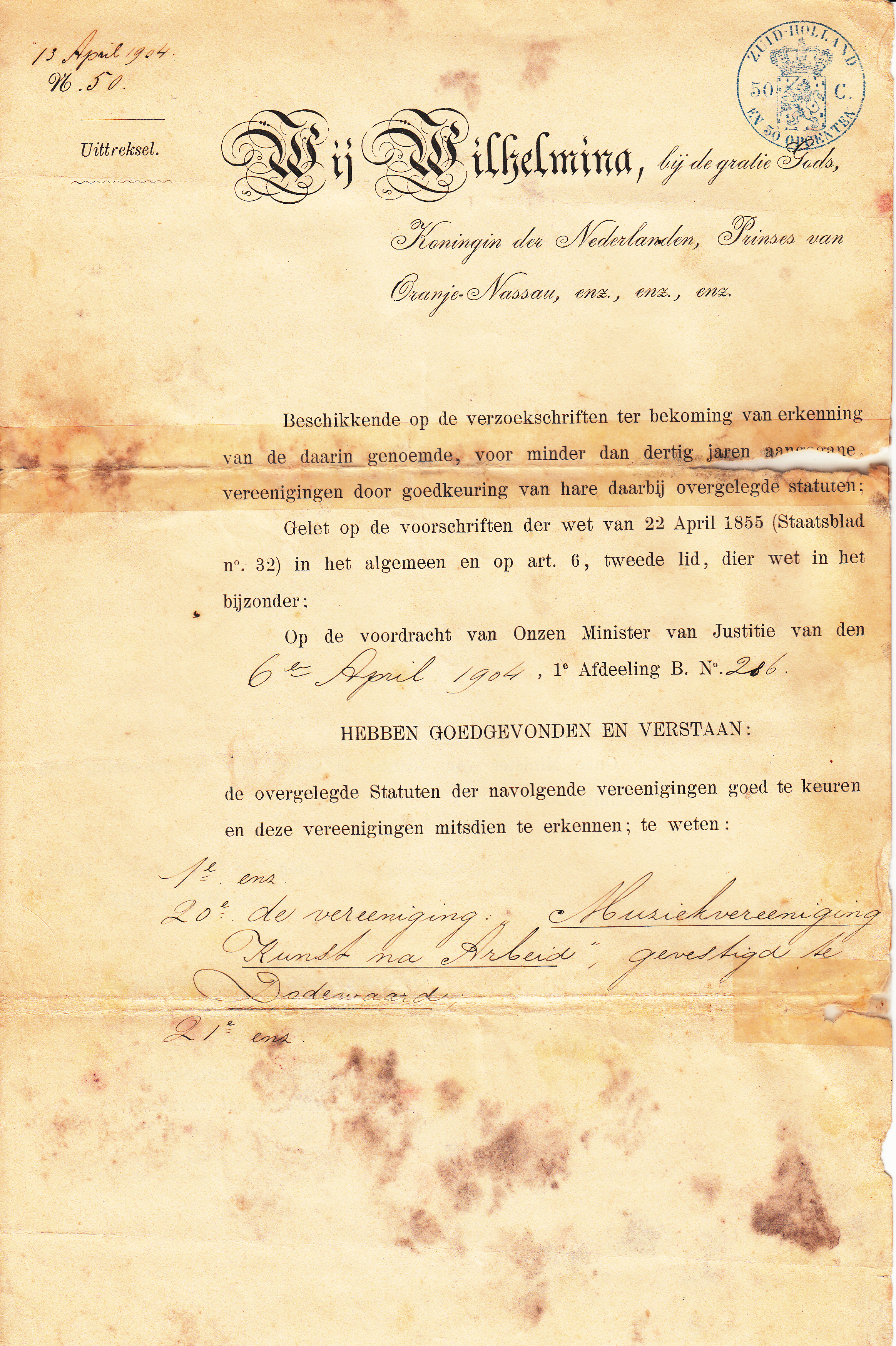 Koninklijk besluit oprichting dd 13 april 1904
